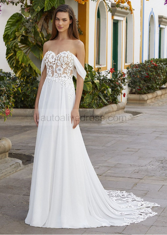 Off Shoulder Ivory Lace Chiffon Airy Wedding Dress